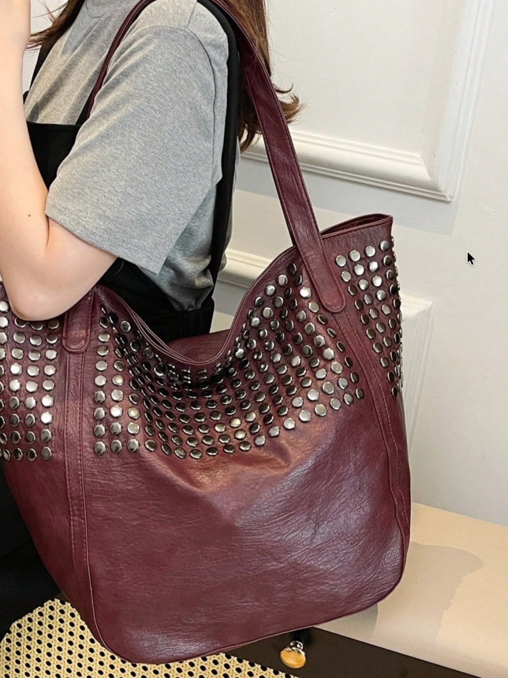 Western Studded Vegan Leather Double Handle Large Shoulder Tote Bag